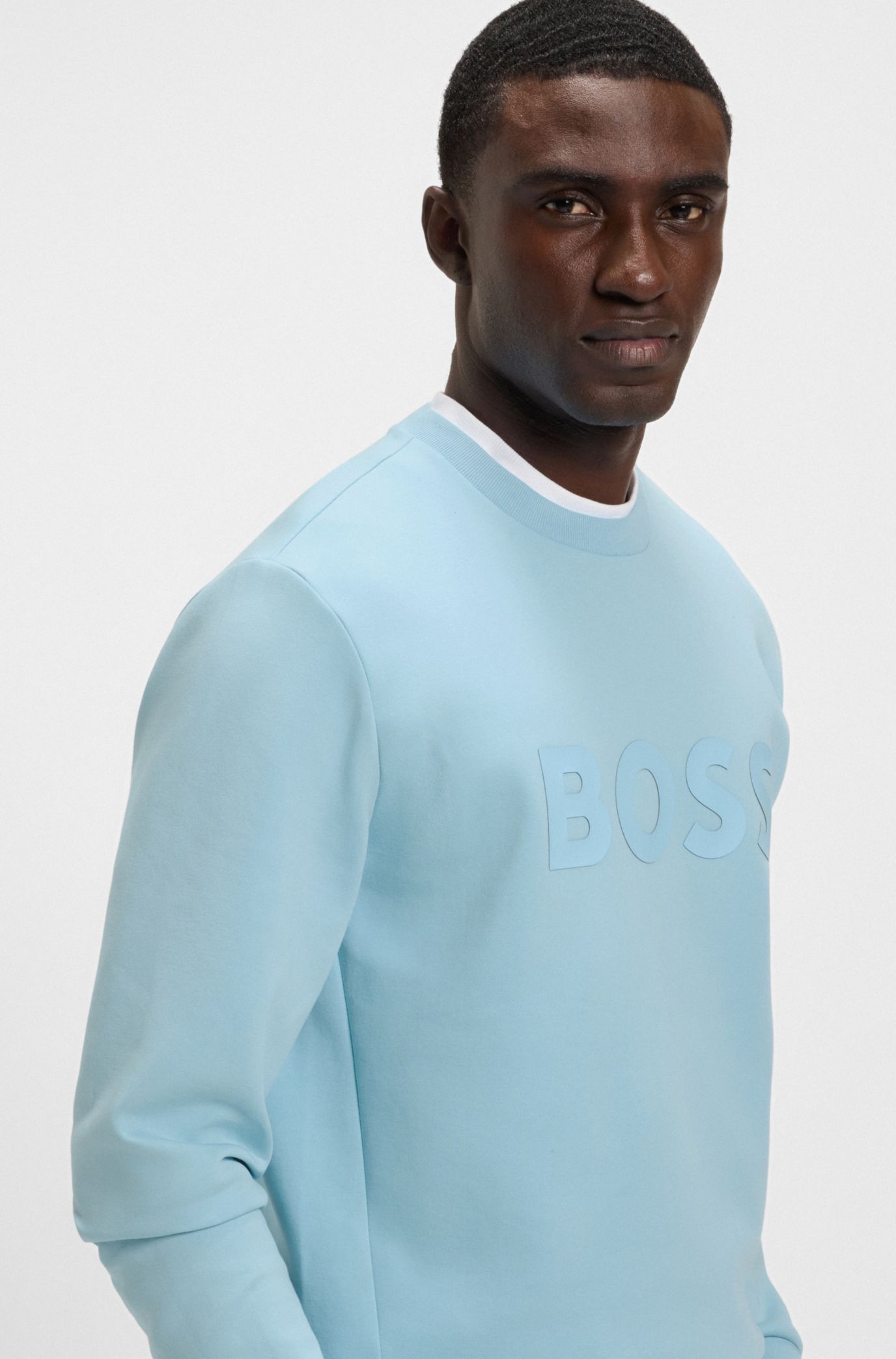 BOSS - Stretch-cotton sweatshirt with sandwich logo - Light Blue
