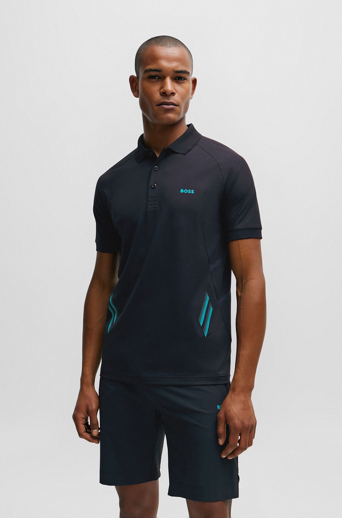 Slim-fit polo shirt in moisture-wicking stretch fabric, Dark Blue
