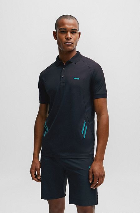 Slim-fit polo shirt in moisture-wicking stretch fabric, Dark Blue