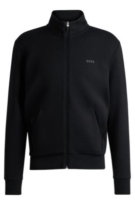 Hugo Boss Stretch-cotton Zip-up Sweatshirt With Logo Print In Black