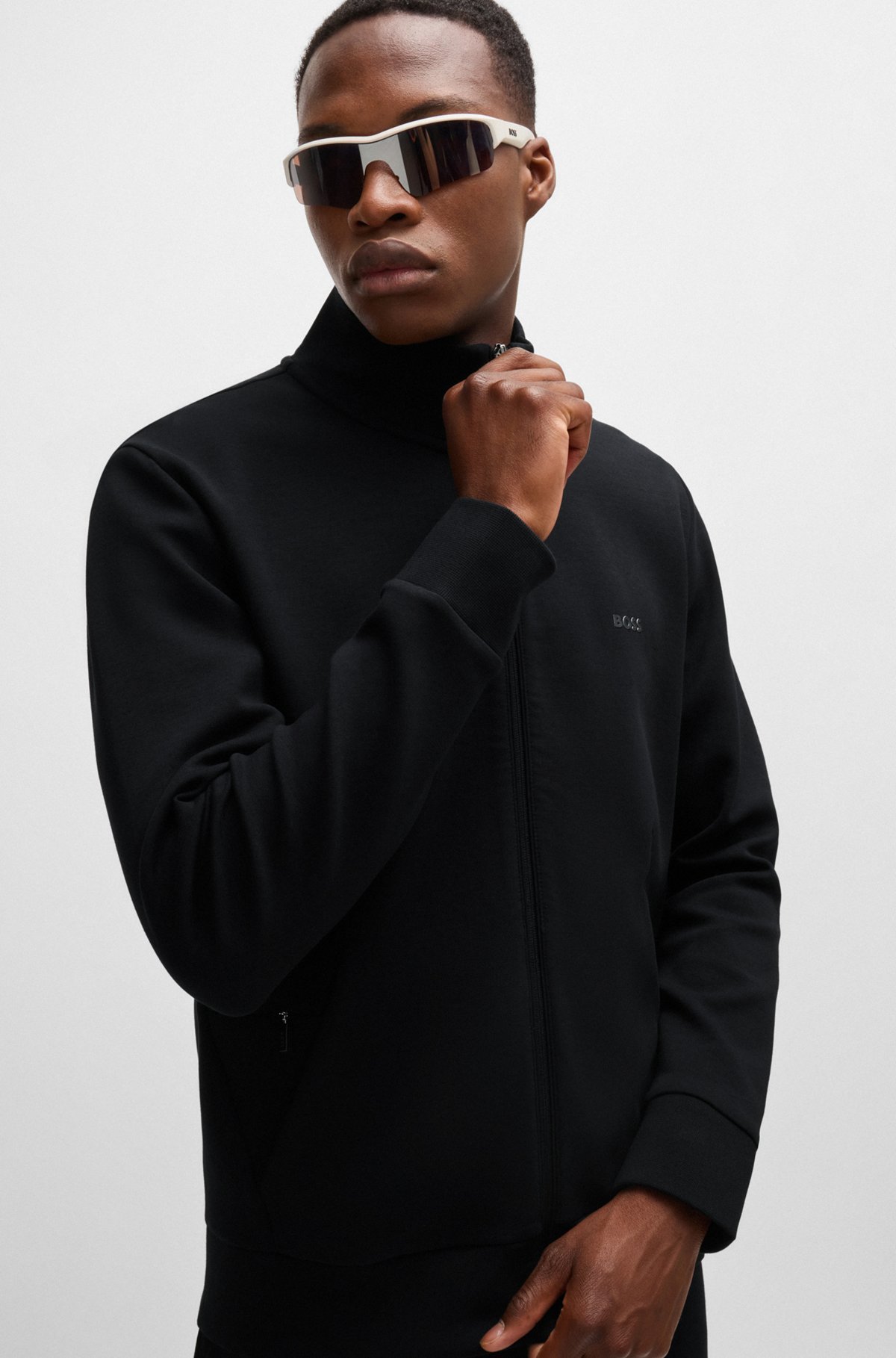 BOSS - Stretch-cotton zip-up sweatshirt with logo print - Black BOSS - Stretch-cotton zip-up sweatshirt with logo print - Black