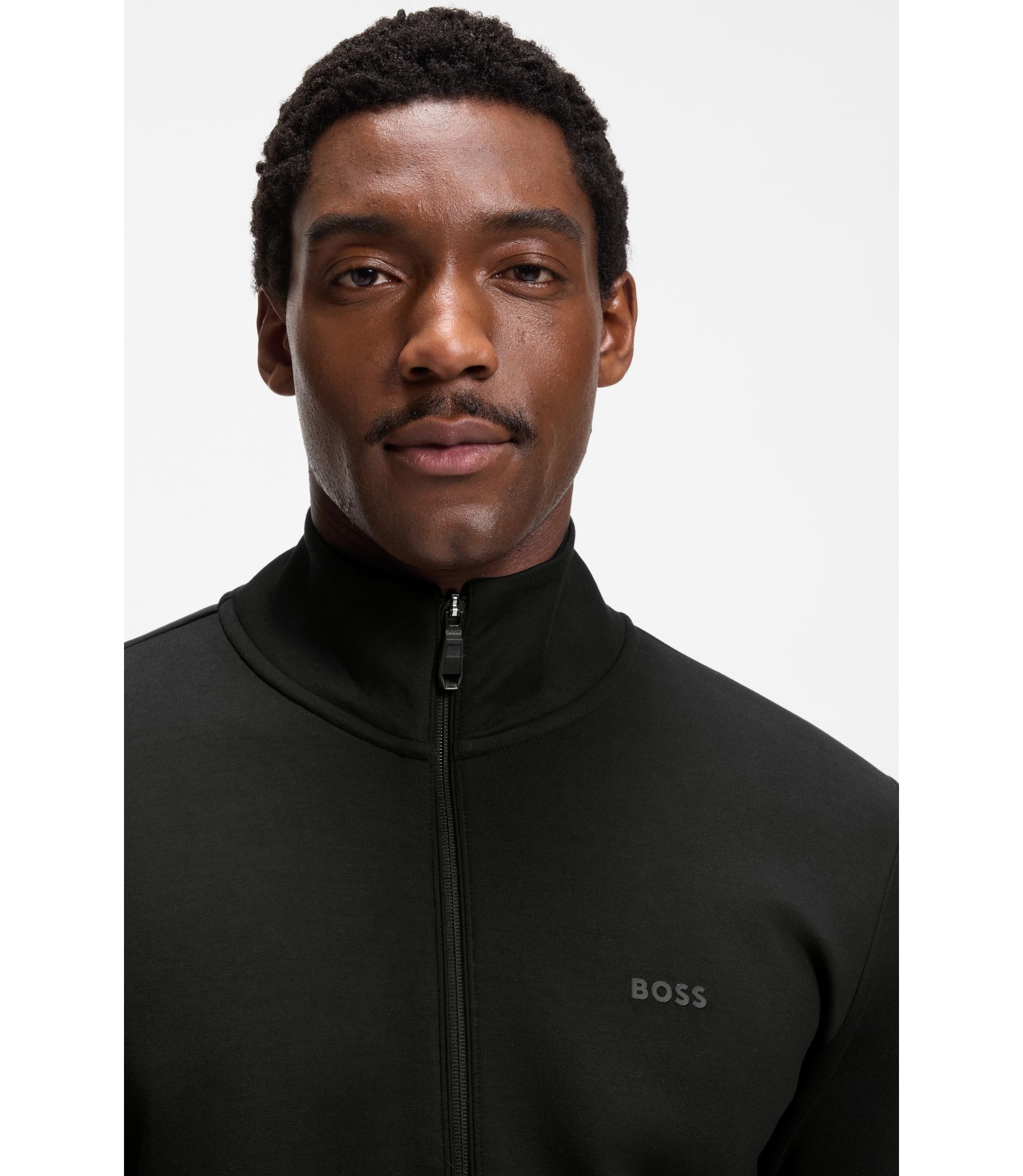 BOSS - Stretch-cotton zip-up sweatshirt with logo print - Black