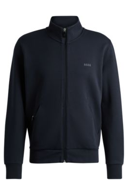 Shop Hugo Boss Stretch-cotton Zip-up Sweatshirt With Logo Print In Dark Blue