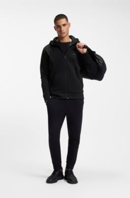 Stretch-cotton zip-up hoodie with logo print, Black