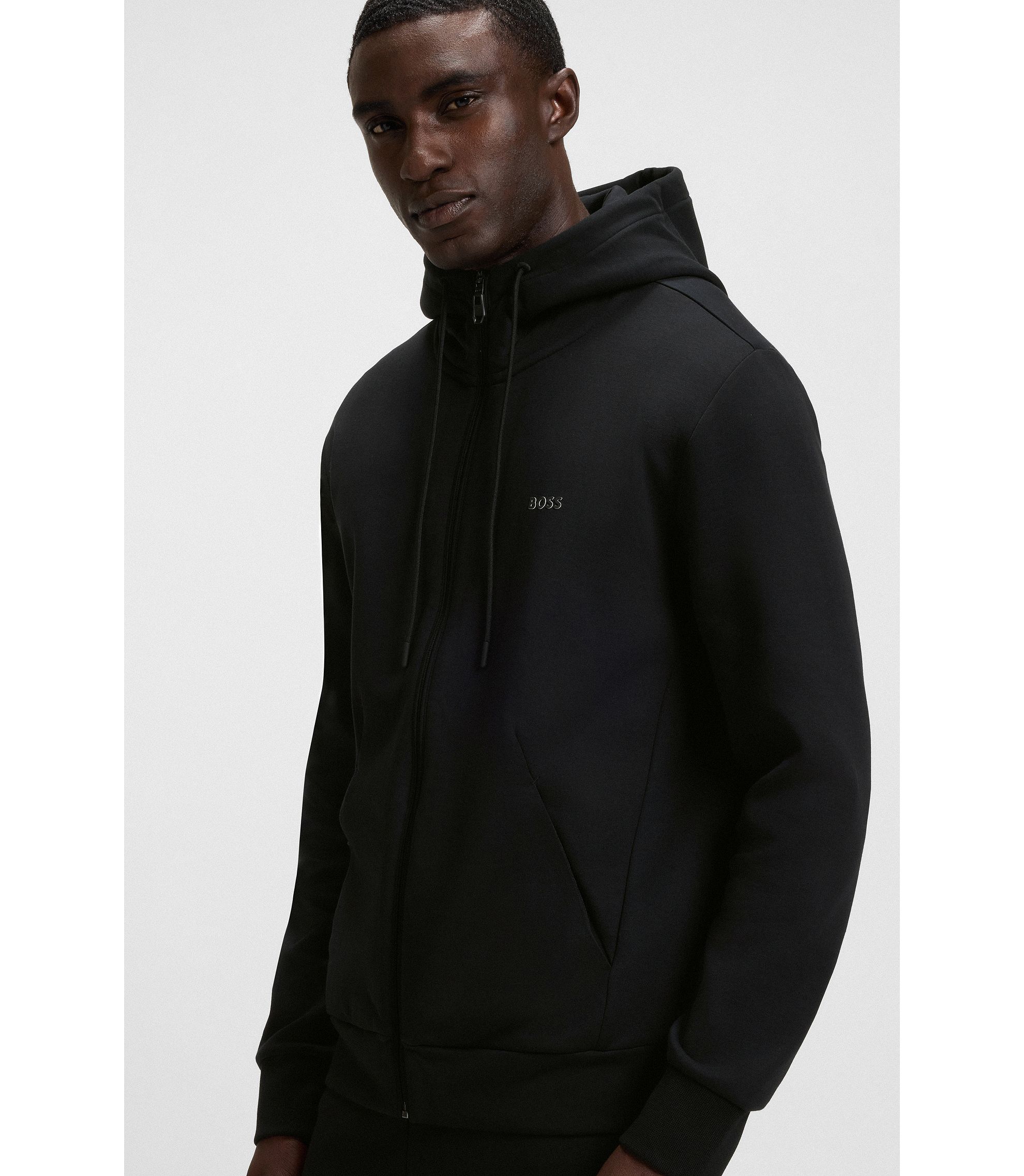 BOSS - Stretch-cotton zip-up hoodie with logo print - Black BOSS - Stretch-cotton zip-up hoodie with logo print - Black