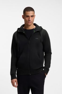 Stretch-cotton zip-up hoodie with logo print, Black