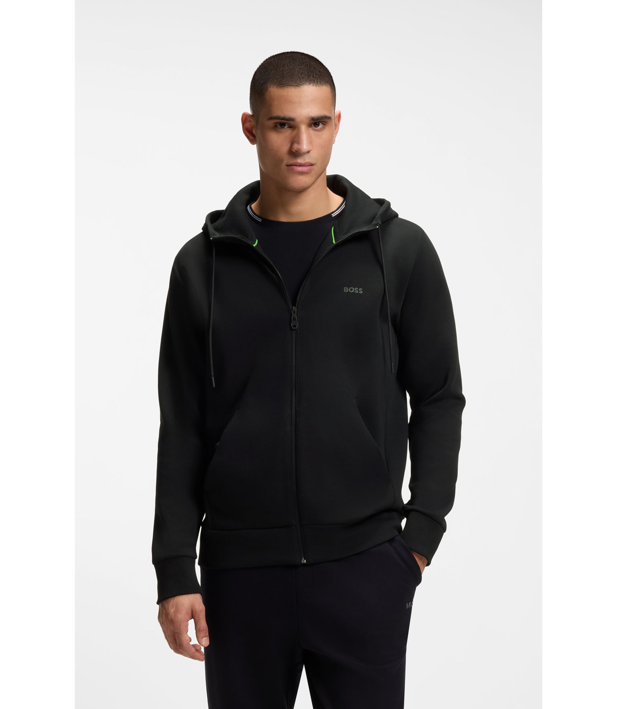 BOSS - Zip-up hoodie in stretch cotton with logo print - Black