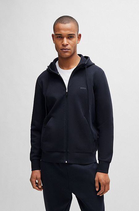 Stretch-cotton zip-up hoodie with logo print, Dark Blue