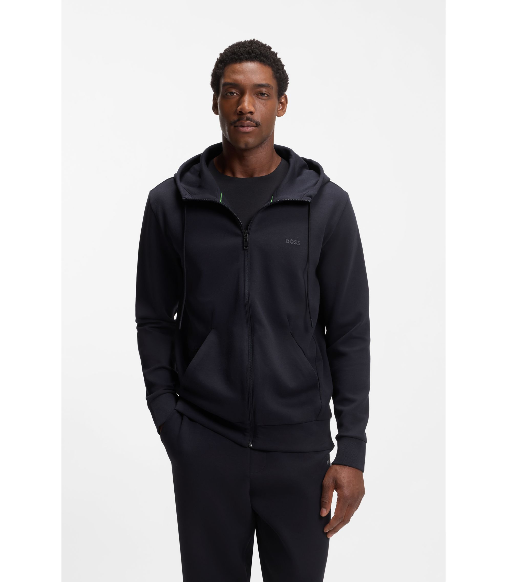 BOSS - Zip-up hoodie in stretch cotton with logo print - Dark Blue