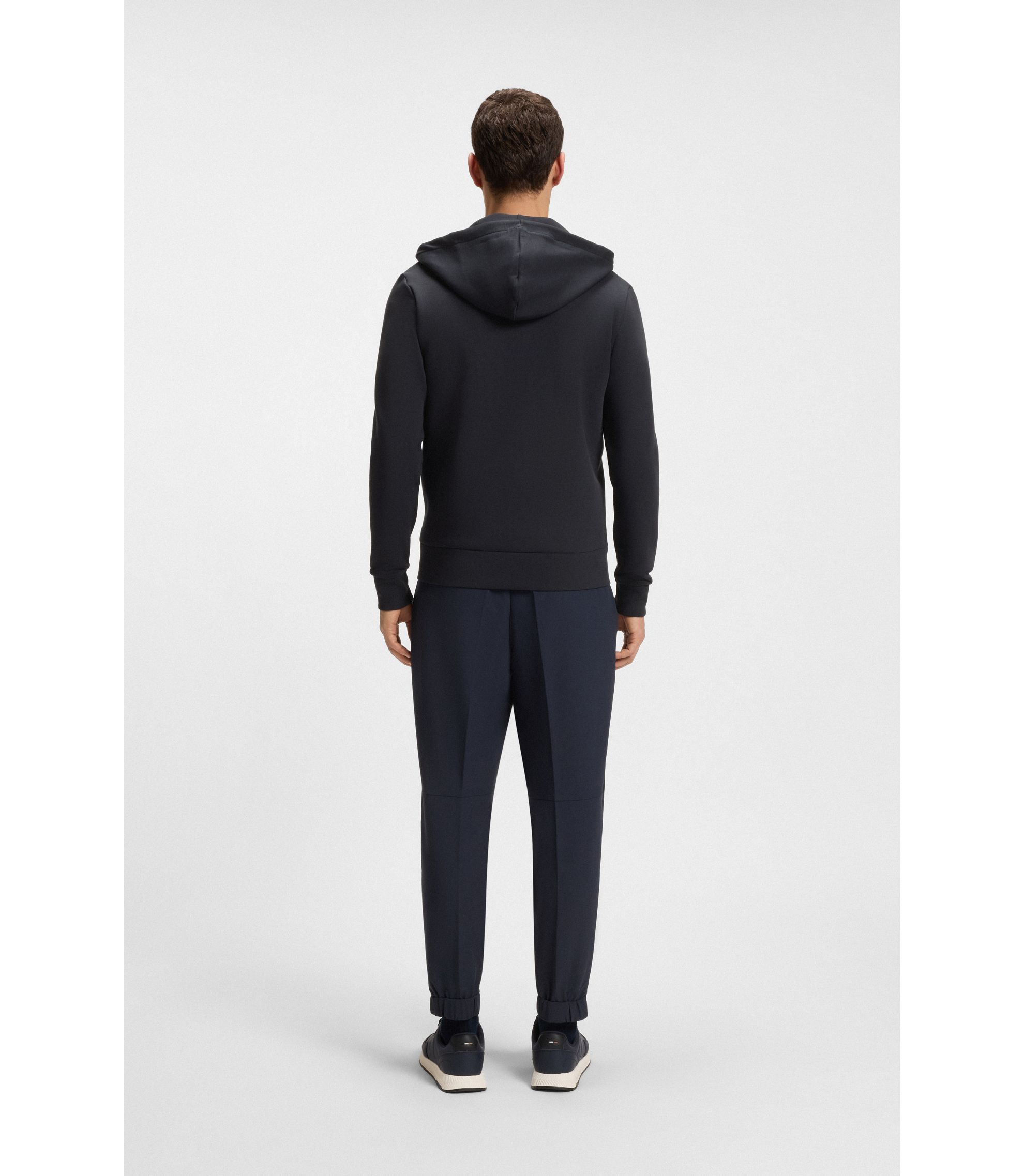 BOSS - Stretch-cotton zip-up hoodie with logo print - Dark Blue