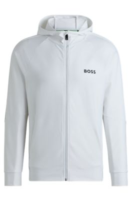 Hugo Boss Regular-fit Zip-up Hoodie With Signature-stripe Artwork In White