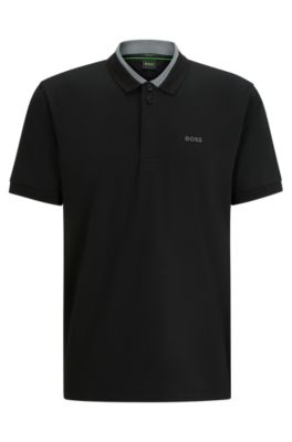 Polo de algod&oacute;n el&aacute;stico con cuello de rayas 3D, Negro