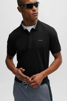 Polo de algod&oacute;n el&aacute;stico con cuello de rayas 3D, Negro