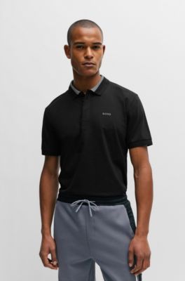Polo de algod&oacute;n el&aacute;stico con cuello de rayas 3D, Negro