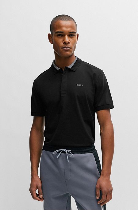 Stretch-cotton polo shirt with 3D-stripe collar, Black