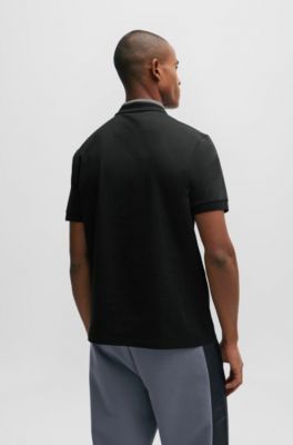 Polo de algod&oacute;n el&aacute;stico con cuello de rayas 3D, Negro