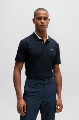 Polo de algod&oacute;n el&aacute;stico con cuello de rayas 3D, Azul oscuro