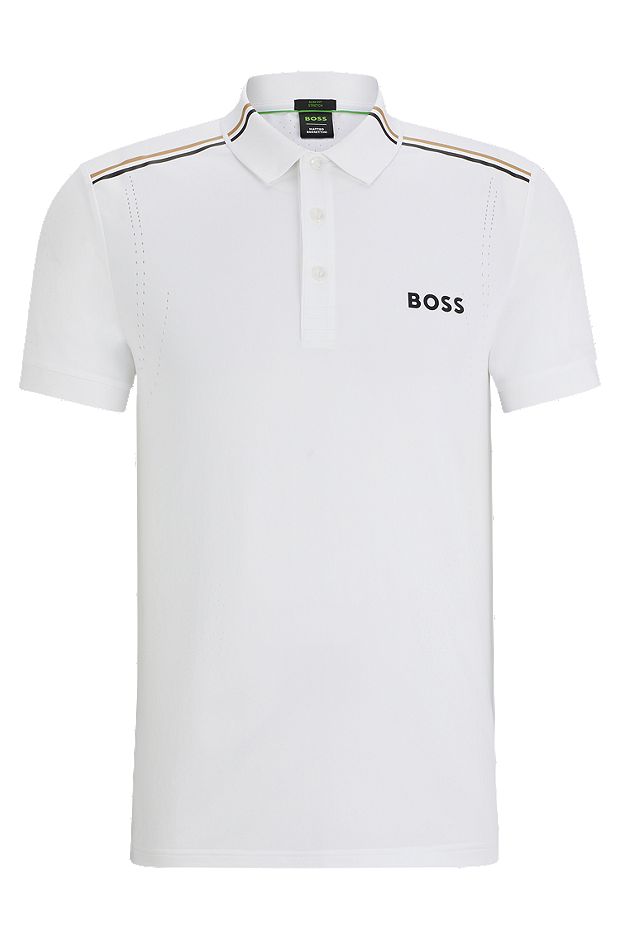 Polo Slim Fit BOSS x Matteo Berrettini à rayures emblématiques, Blanc