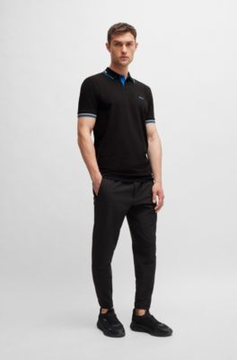 Stretch-cotton slim-fit polo shirt with branding and stripes, Black