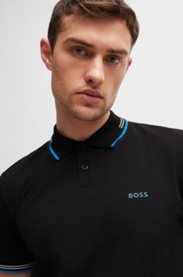Stretch-cotton slim-fit polo shirt with branding and stripes, Black