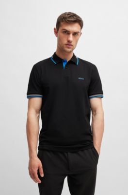 Stretch-cotton slim-fit polo shirt with branding and stripes, Black
