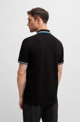 Stretch-cotton slim-fit polo shirt with branding and stripes, Black