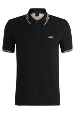 Stretch-cotton slim-fit polo shirt with branding and stripes, Black