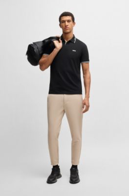 Stretch-cotton slim-fit polo shirt with branding and stripes, Black