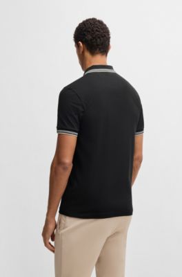 Stretch-cotton slim-fit polo shirt with branding and stripes, Black