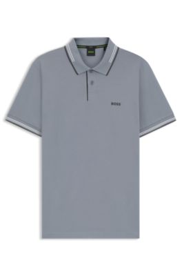 Stretch-cotton slim-fit polo shirt with branding and stripes, Dark Grey