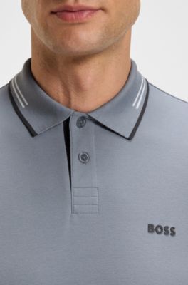 Stretch-cotton slim-fit polo shirt with branding and stripes, Dark Grey