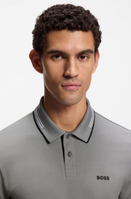 Polo slim fit con detalles de rayas en contraste, Gris claro