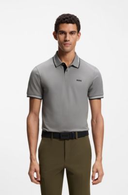 Slim-fit polo shirt with contrast-stripe details, Light Grey