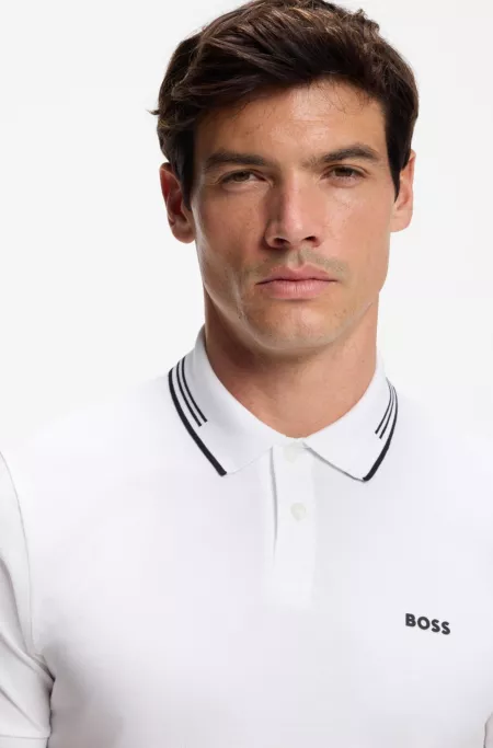 Stretch-cotton slim-fit polo shirt with branding and stripes