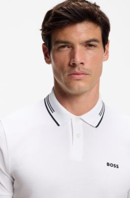 Stretch-cotton slim-fit polo shirt with branding and stripes, White
