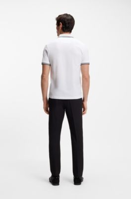 Stretch-cotton slim-fit polo shirt with branding and stripes, White