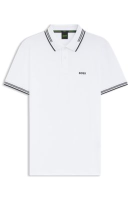 Stretch-cotton slim-fit polo shirt with branding and stripes, White