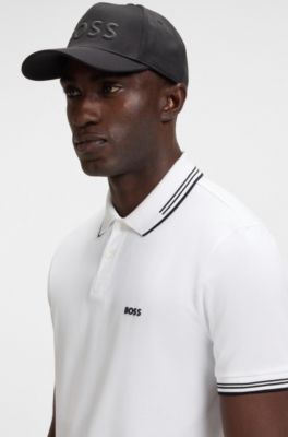 Stretch-cotton slim-fit polo shirt with branding and stripes, White