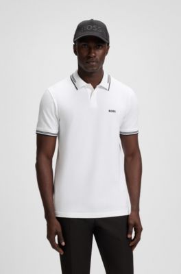 Stretch-cotton slim-fit polo shirt with branding and stripes, White