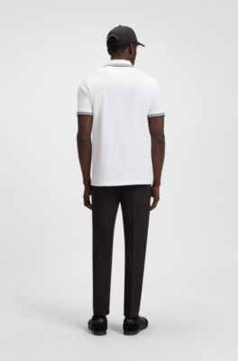 Stretch-cotton slim-fit polo shirt with branding and stripes, White