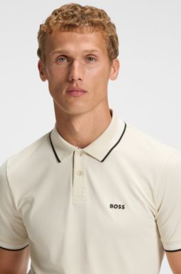 Polo slim fit con detalles de rayas en contraste, Blanco