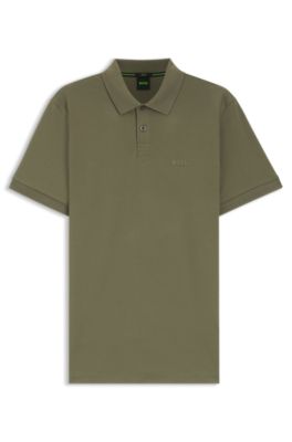 Stretch-cotton slim-fit polo shirt with branding and stripes, Khaki