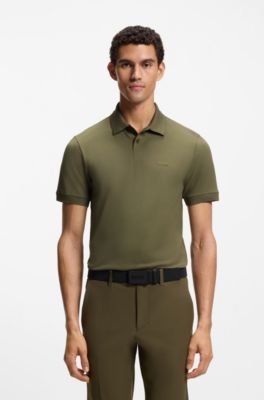 Stretch-cotton slim-fit polo shirt with branding and stripes, Khaki