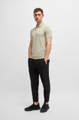 Stretch-cotton slim-fit polo shirt with branding and stripes, Light Beige