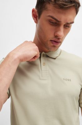 Stretch-cotton slim-fit polo shirt with branding and stripes, Light Beige