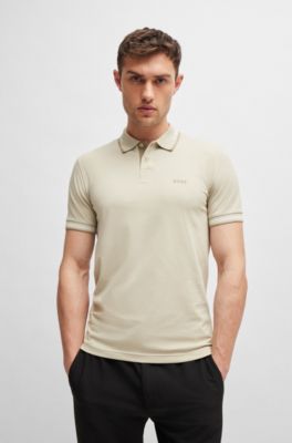 Stretch-cotton slim-fit polo shirt with branding and stripes, Light Beige