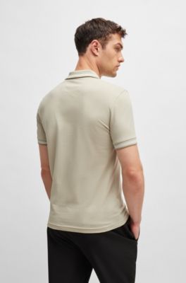 Stretch-cotton slim-fit polo shirt with branding and stripes, Light Beige