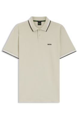 Slim-fit polo shirt with contrast-stripe details, Light Beige