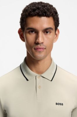 Slim-fit polo shirt with contrast-stripe details, Light Beige