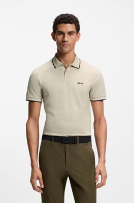 Slim-fit polo shirt with contrast-stripe details, Light Beige